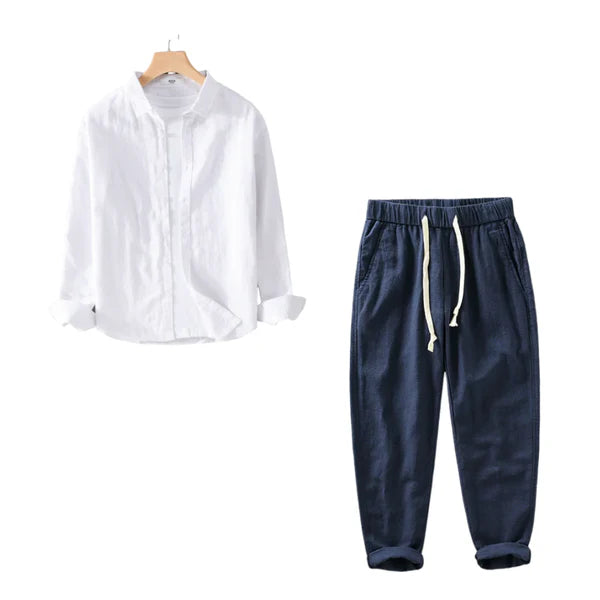 Harbor Linen Duo - White Linen Shirt + Navy Blue Linen Pants Set