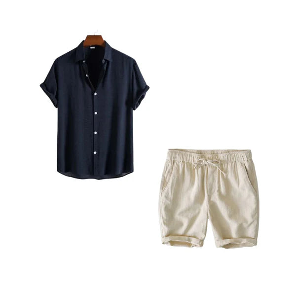 Harbor Weekend - Black Cotton Shirt + Light Beige Linen Shorts Set