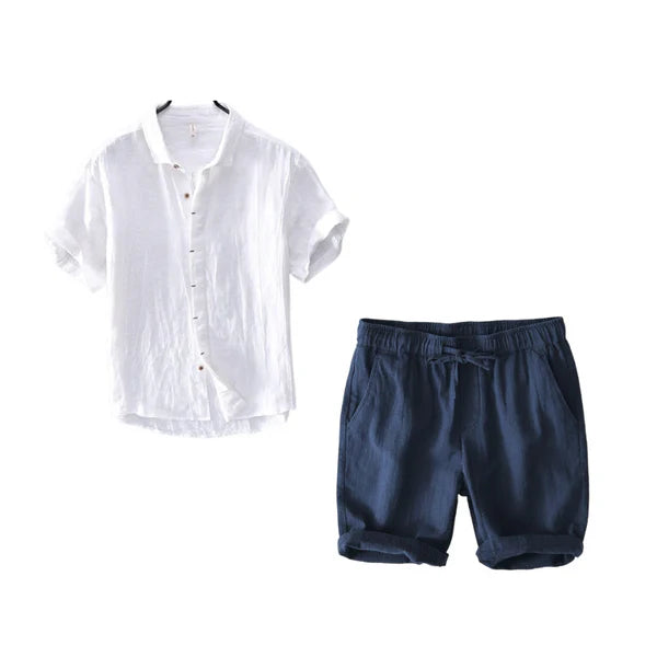 Coastal Breeze Linen - White Shirt + Navy Blue Shorts Set