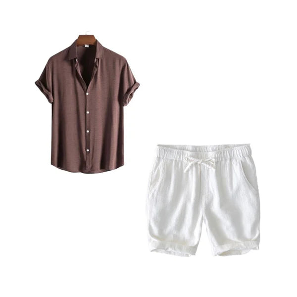 Harbor Weekend - Brown Shirt + White Linen Shorts Set
