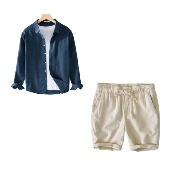 Coastal Breeze Linen - Navy Blue Shirt + Beige Linen Shorts Set