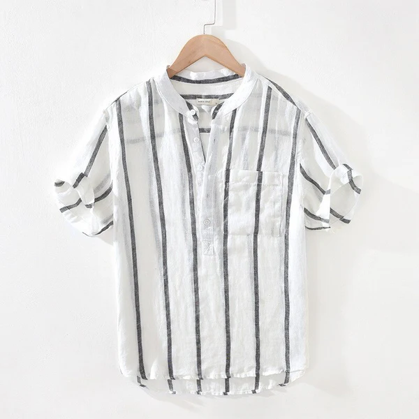 Cove Stripe Linen Mandarin Collar Shirt - White/Black