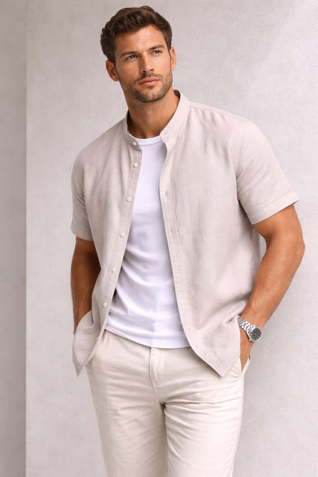 Cove Cotton-Linen Mandarin Collar Shirt - Light gray