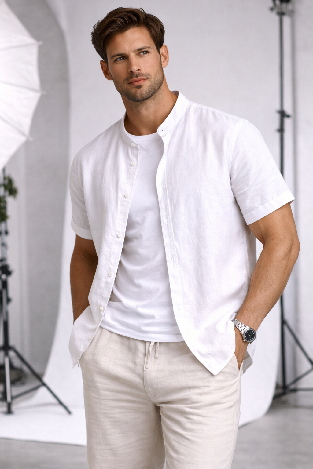 Cove Cotton-Linen Mandarin Collar Shirt - White