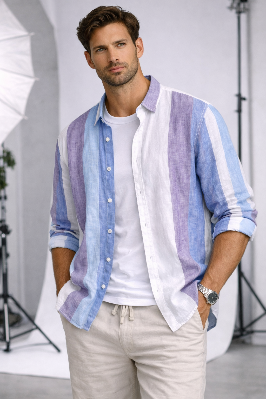 Sunset Stripe Linen Long-Sleeve Shirt - Purple