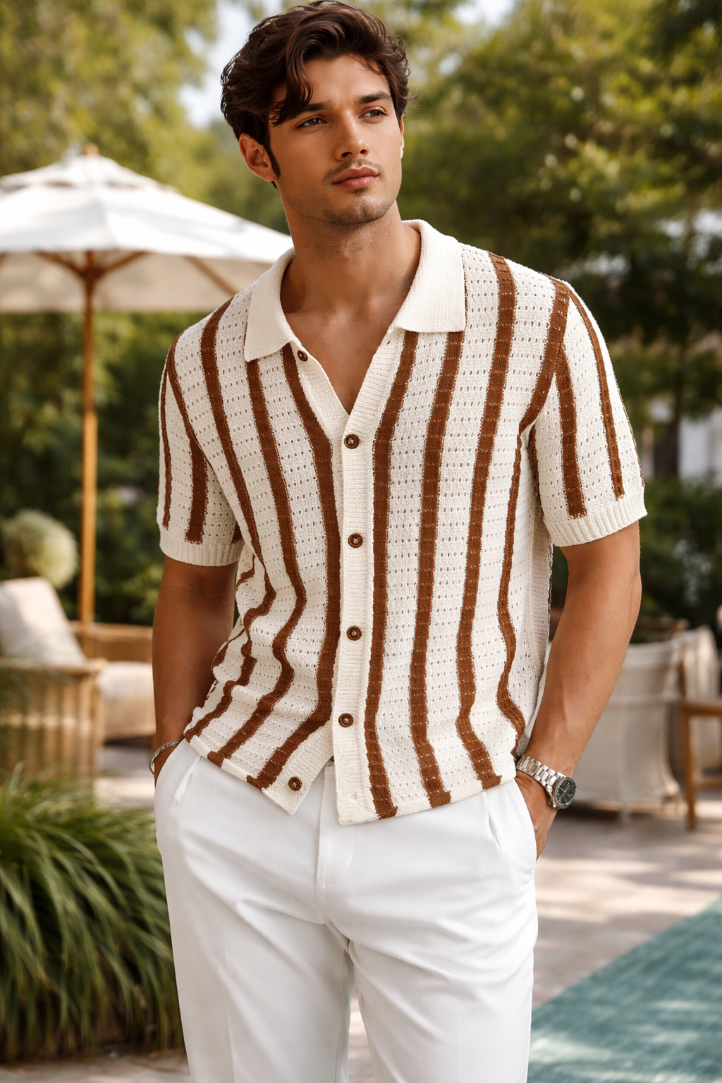 Riviera Knit Button-Up Polo - Cream/Cocoa Stripe