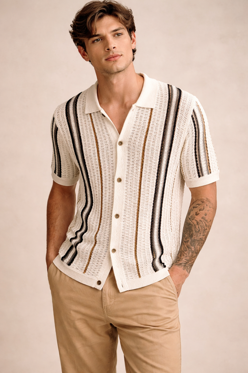 Capri Crochet Knit Polo Shirt - Ivory Stripe