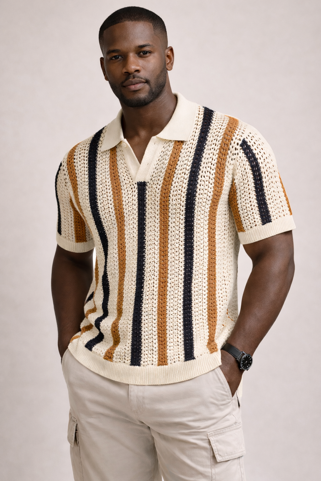 Amalfi Crochet Knit Polo - Sand/Navy Stripe