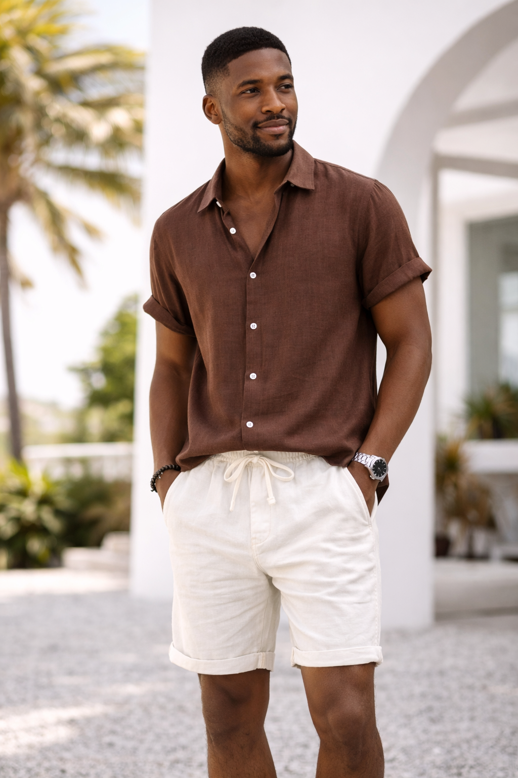 Harbor Weekend - Brown Shirt + White Linen Shorts Set