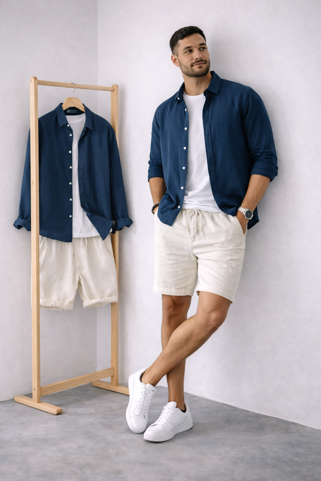 Coastal Breeze Linen - Navy Blue Shirt + White Linen Shorts Set