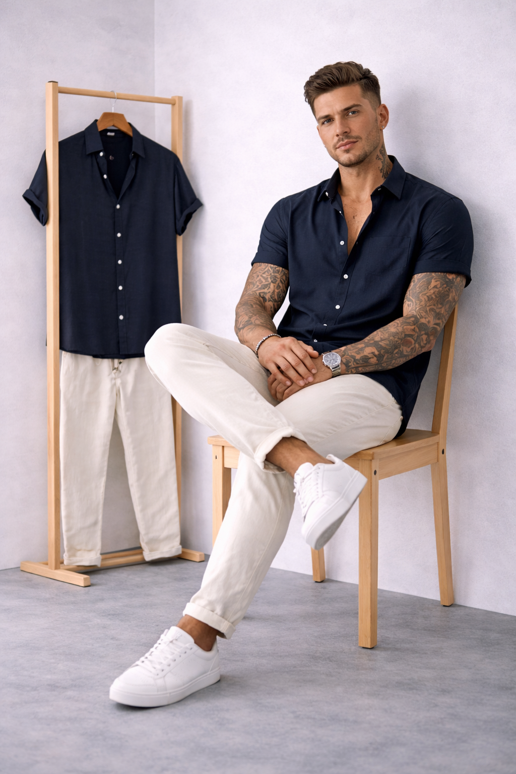 Harbor Linen Contrast - Black Cotton Shirt + Natural Linen Pants Set