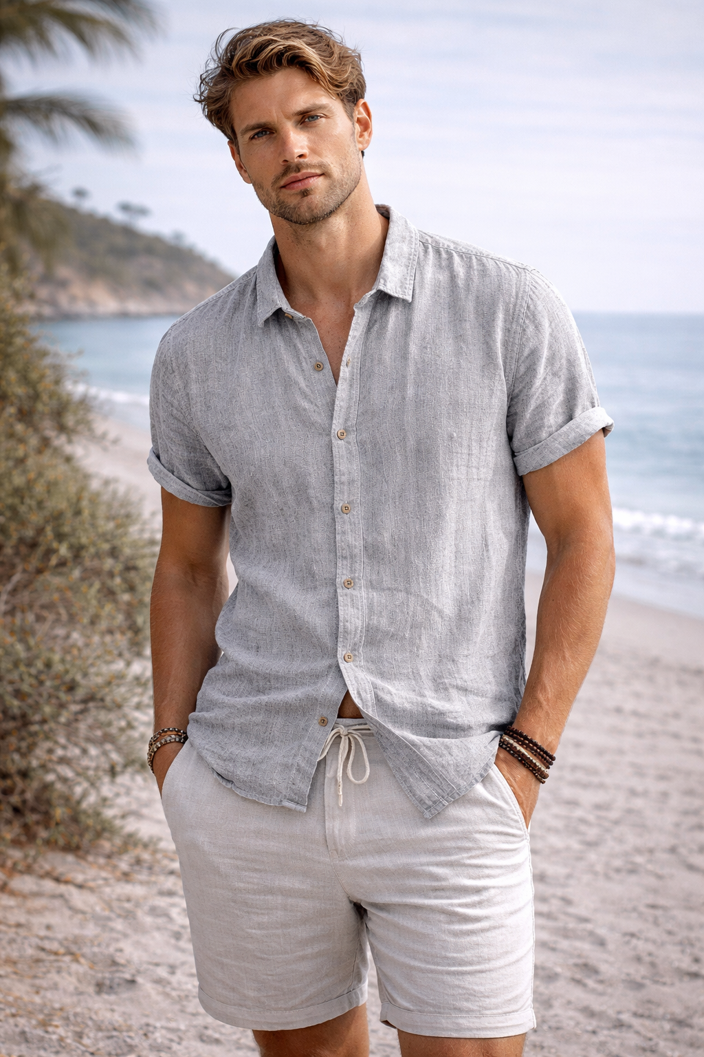 Coastal Linen Short-Sleeve Shirt/Silver Grey