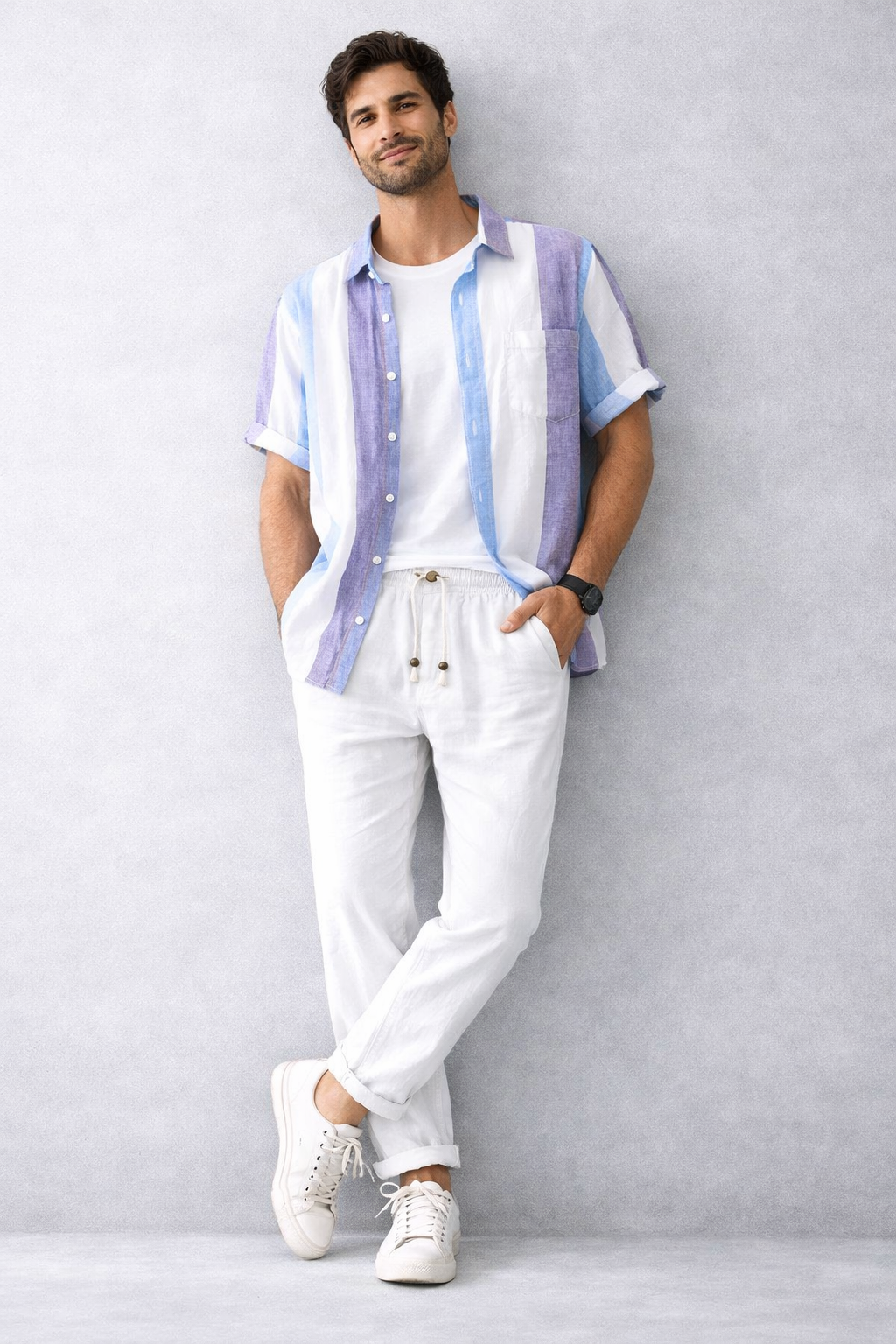 Sunset Stripe Linen Short-Sleeve Shirt - Purple/Blue