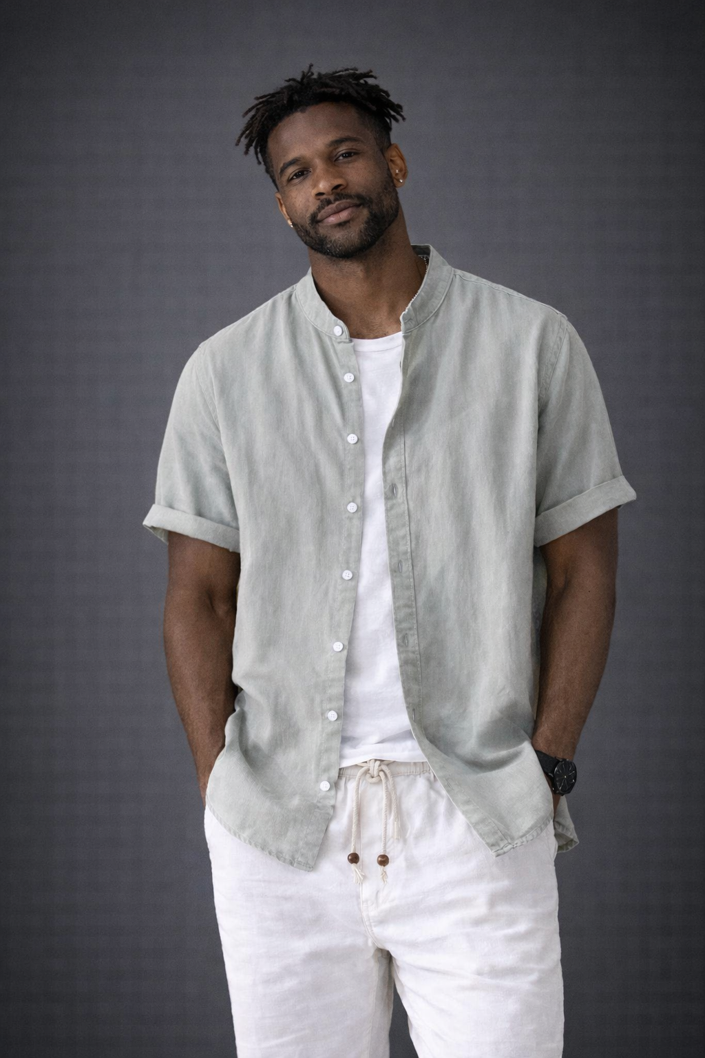 Cove Cotton-Linen Mandarin Collar Shirt | Sage Mist