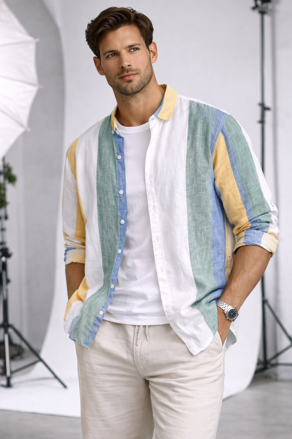 Sunset Stripe Linen Long-Sleeve Shirt - Multi-Color