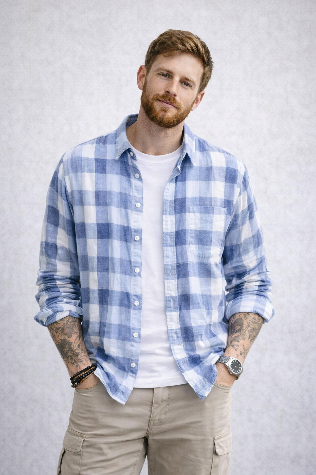 Cove Plaid Linen Mandarin Collar Shirt - Blue