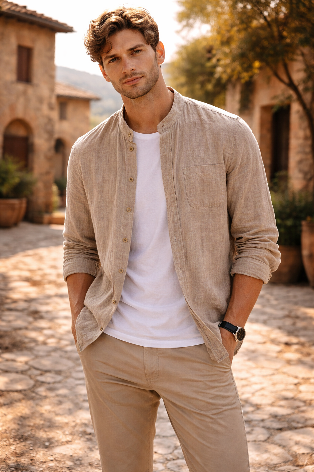 Cove Linen Mandarin Collar Shirt - Stone Beige