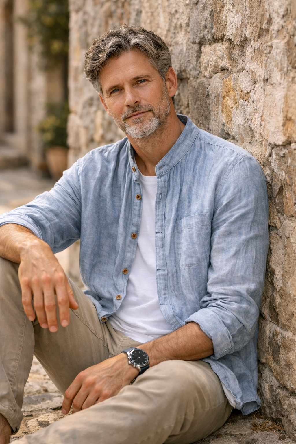 Cove Linen Mandarin Collar Shirt - Blue