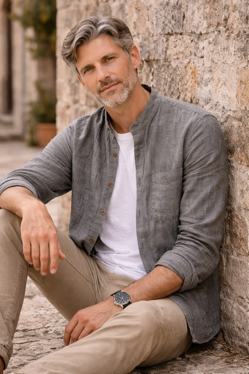 Cove Linen Mandarin Collar Shirt - Gray
