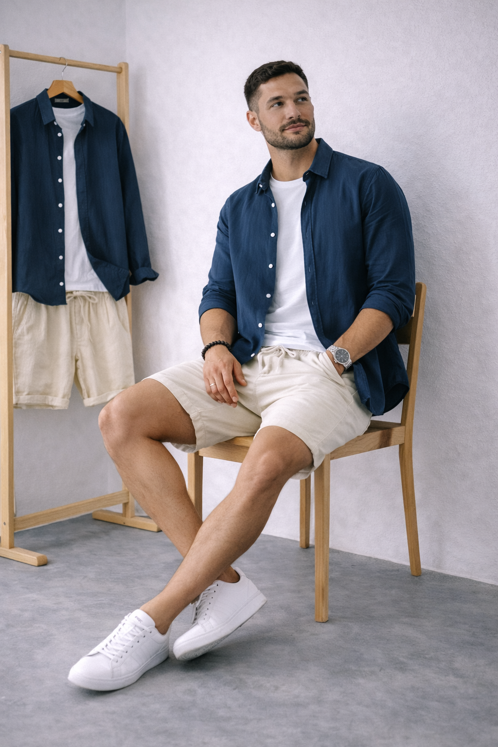 Coastal Breeze Linen - Navy Blue Shirt + Beige Linen Shorts Set