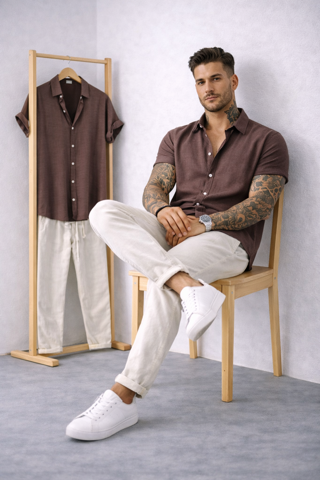 Harbor Linen Contrast - Brown Shirt + Natural Linen Pants Set