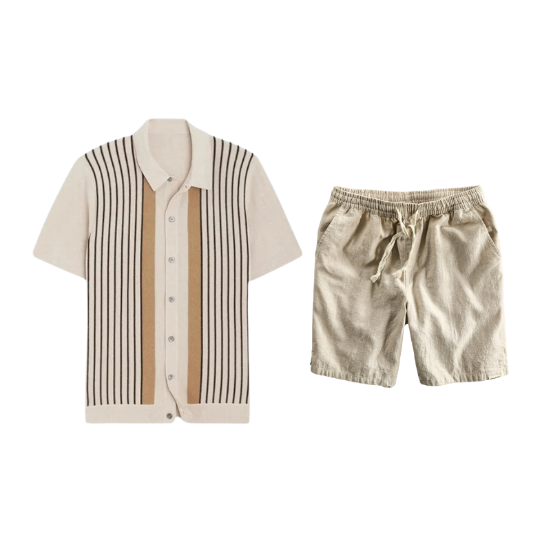 Classic Stripe Knit Polo Set | Coastline Cotton Linen Shorts – Sand