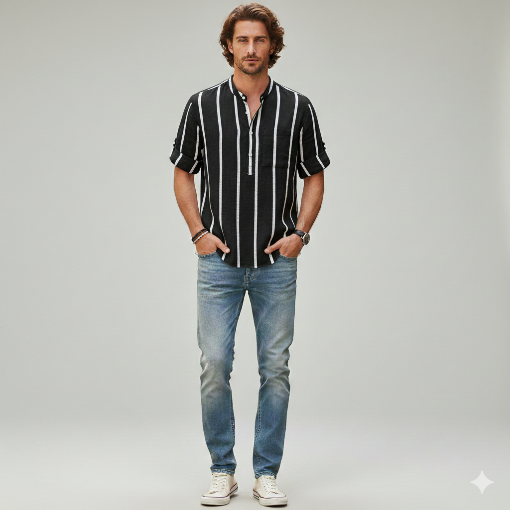 Cove Stripe Linen Mandarin Collar Shirt - Black