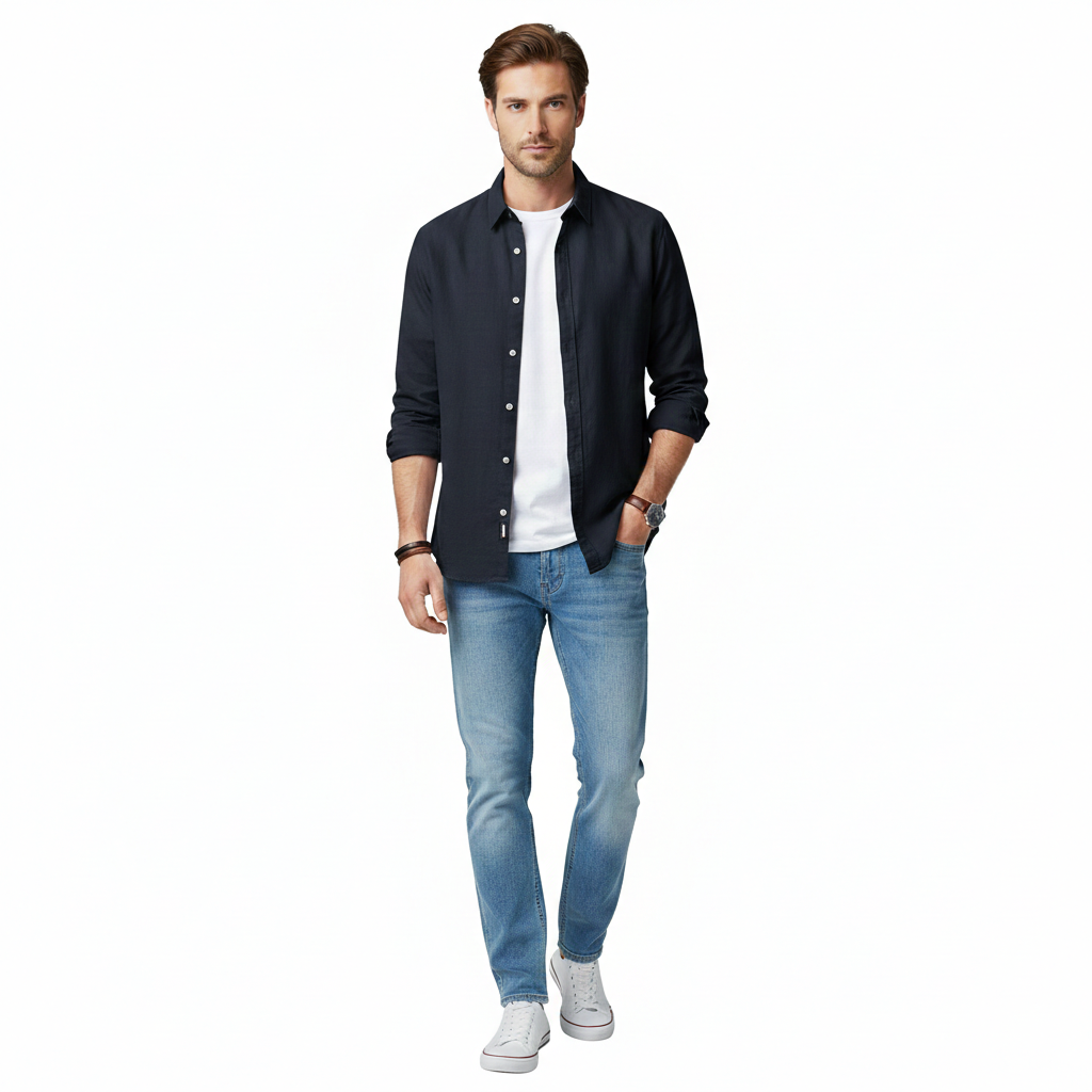 Harbor Cotton-Linen Long-Sleeve Shirt - Navy blue