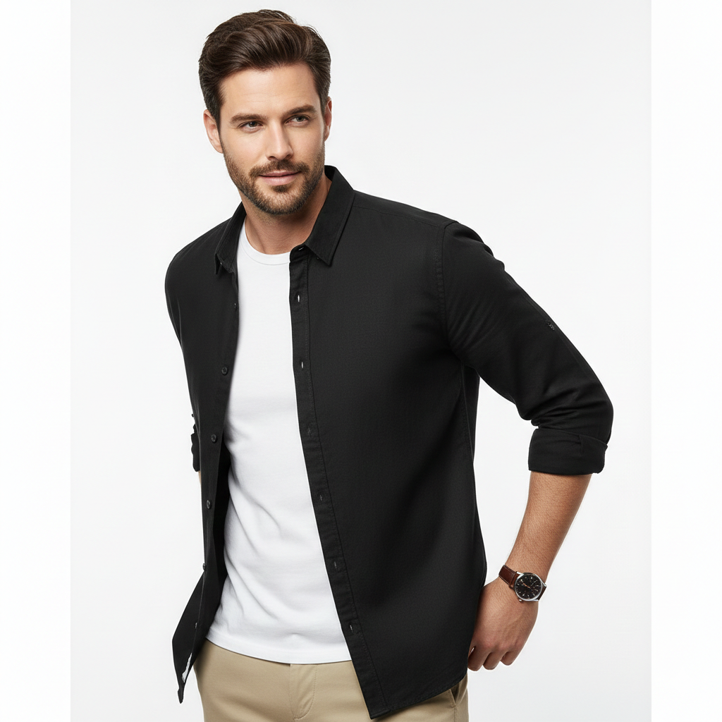 Harbor Cotton-Linen Long-Sleeve Shirt - Black