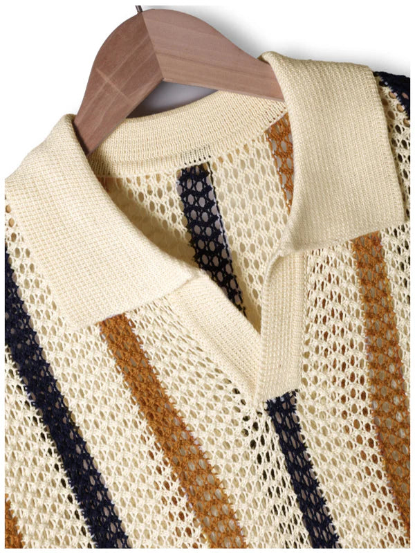Amalfi Crochet Knit Polo - Sand/Navy Stripe