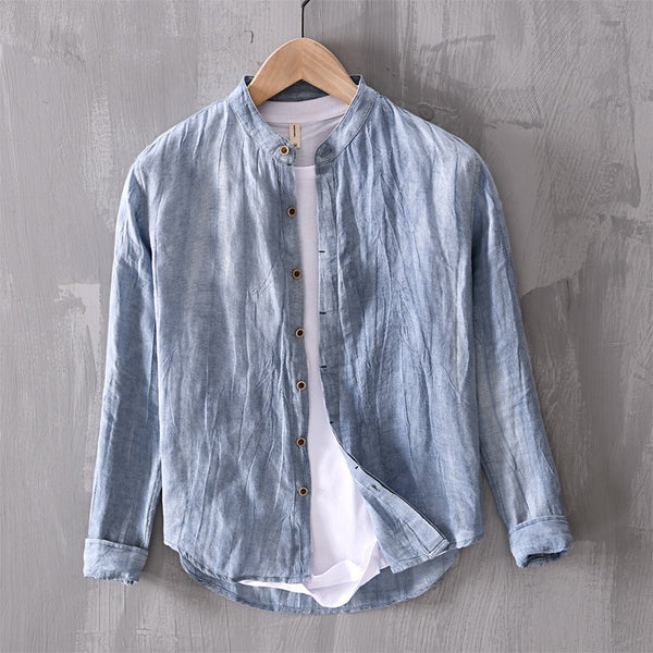 Cove Linen Mandarin Collar Shirt - Blue