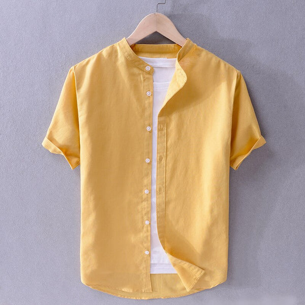 Cove Cotton-Linen Mandarin Collar Shirt - Yellow