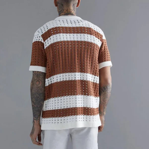 Sorrento Crochet Knit Shirt - Cream & Rust Stripe
