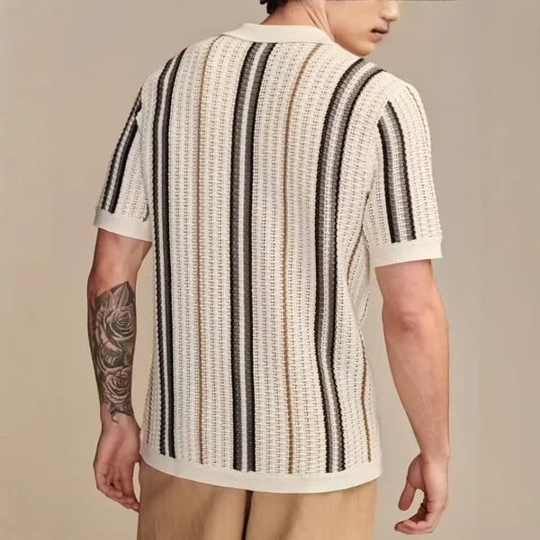 Capri Crochet Knit Polo Shirt - Ivory Stripe