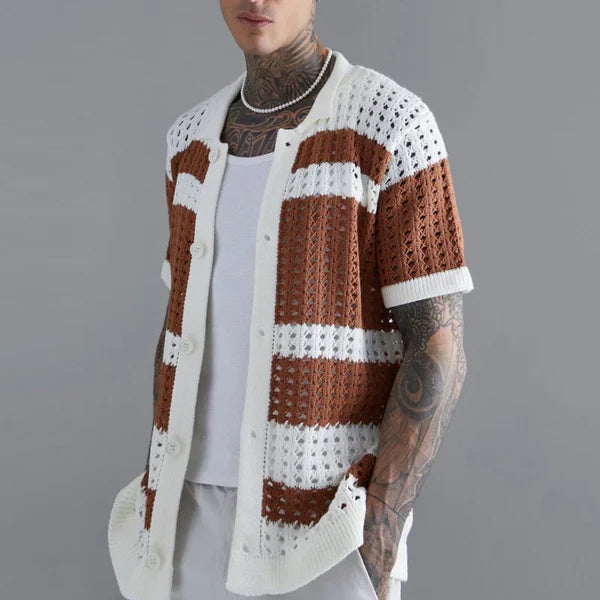 Sorrento Crochet Knit Shirt - Cream & Rust Stripe