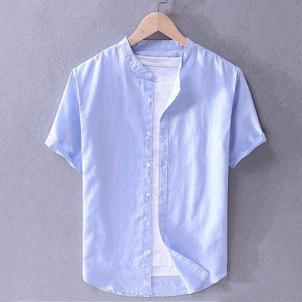 Cove Cotton-Linen Mandarin Collar Shirt - Light blue
