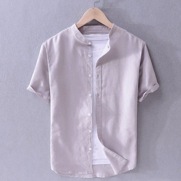 Cove Cotton-Linen Mandarin Collar Shirt - Light gray