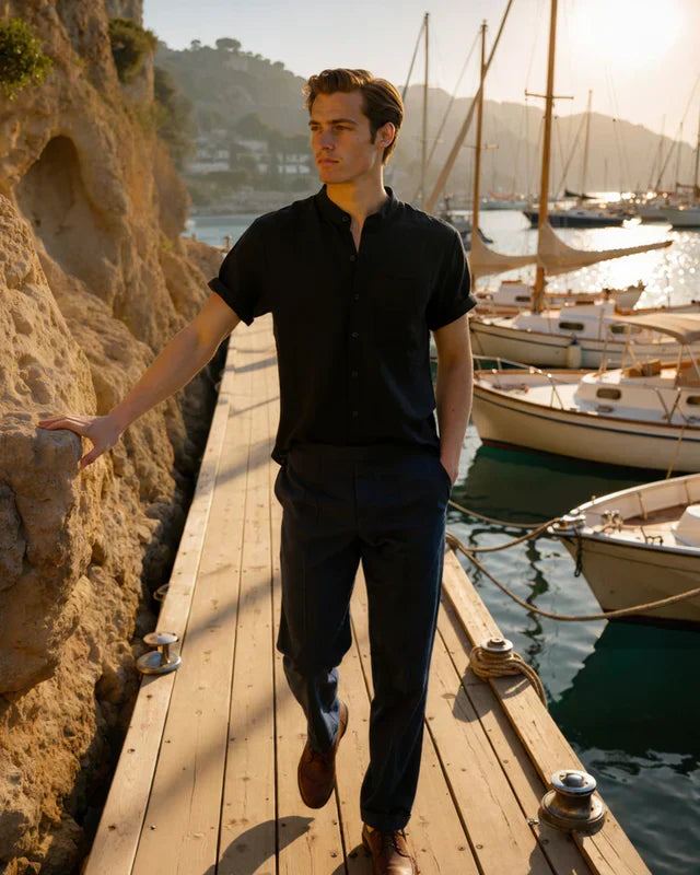 Verona Mandarin Collar Linen Shirt - Black