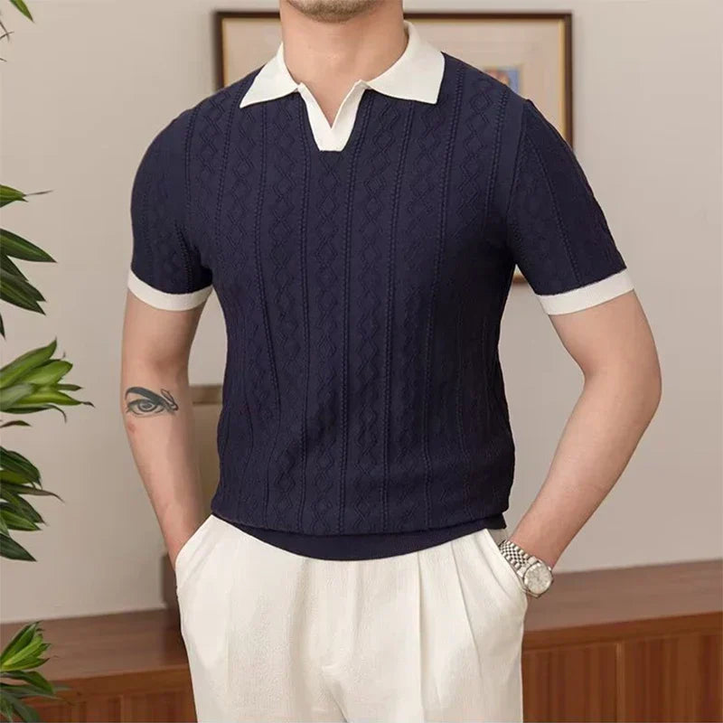 Cable-Knit Polo Shirt - NAVY BLUE