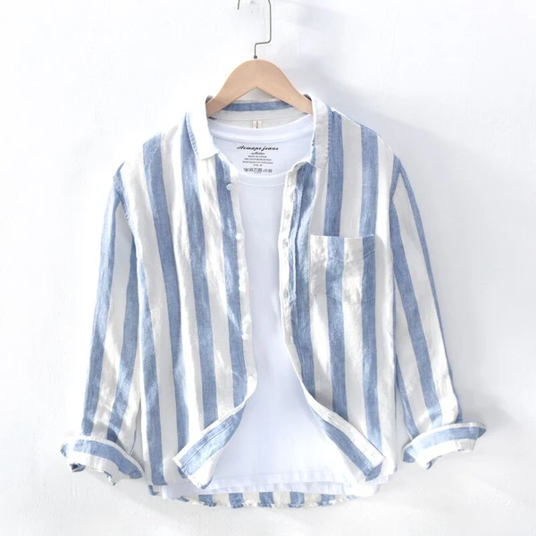 Harbor Stripe Linen Long-Sleeve Shirt - Blue