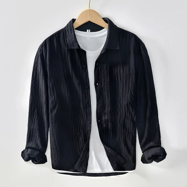 Aura Textured Linen-Rayon Shirt - Black