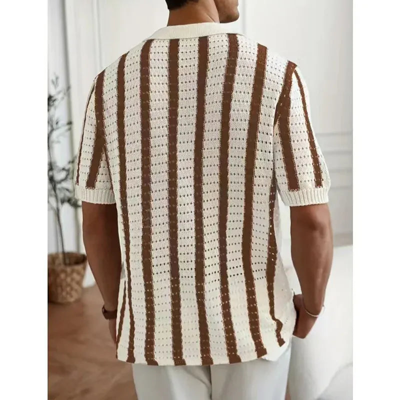 Riviera Knit Button-Up Polo - Cream/Cocoa Stripe