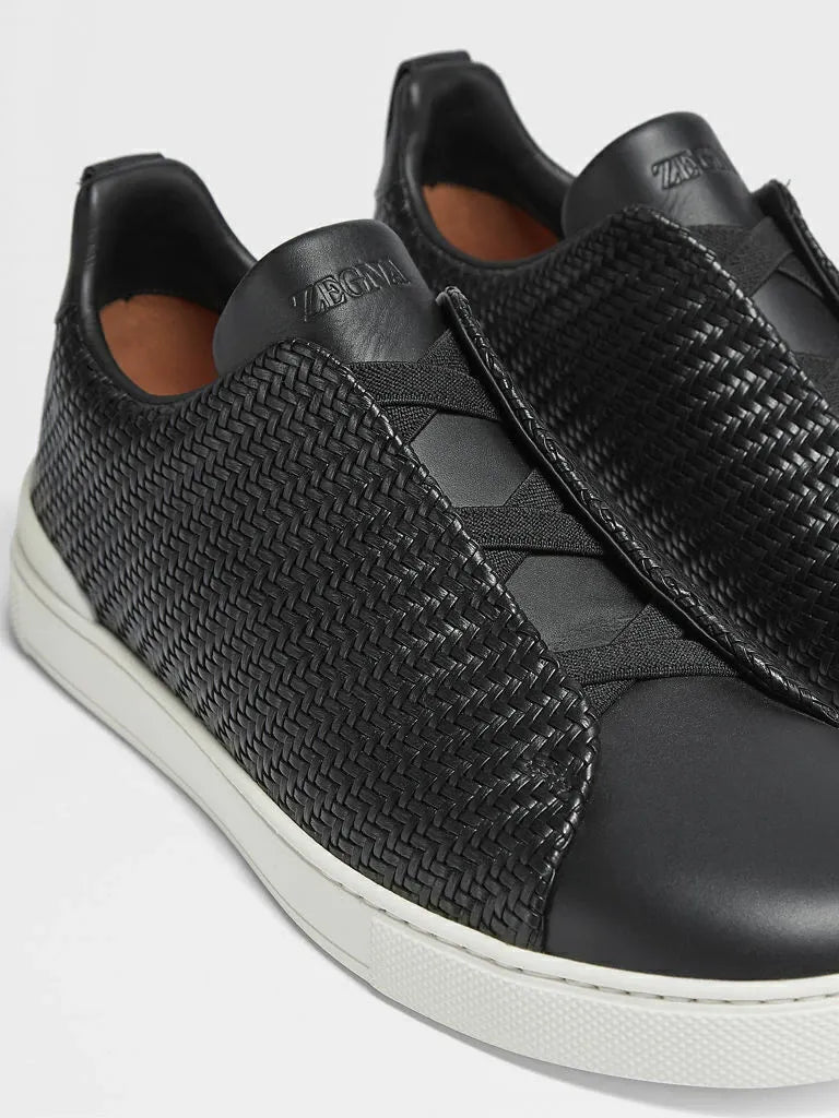 Triple Stitch Woven Leather Sneakers – Black