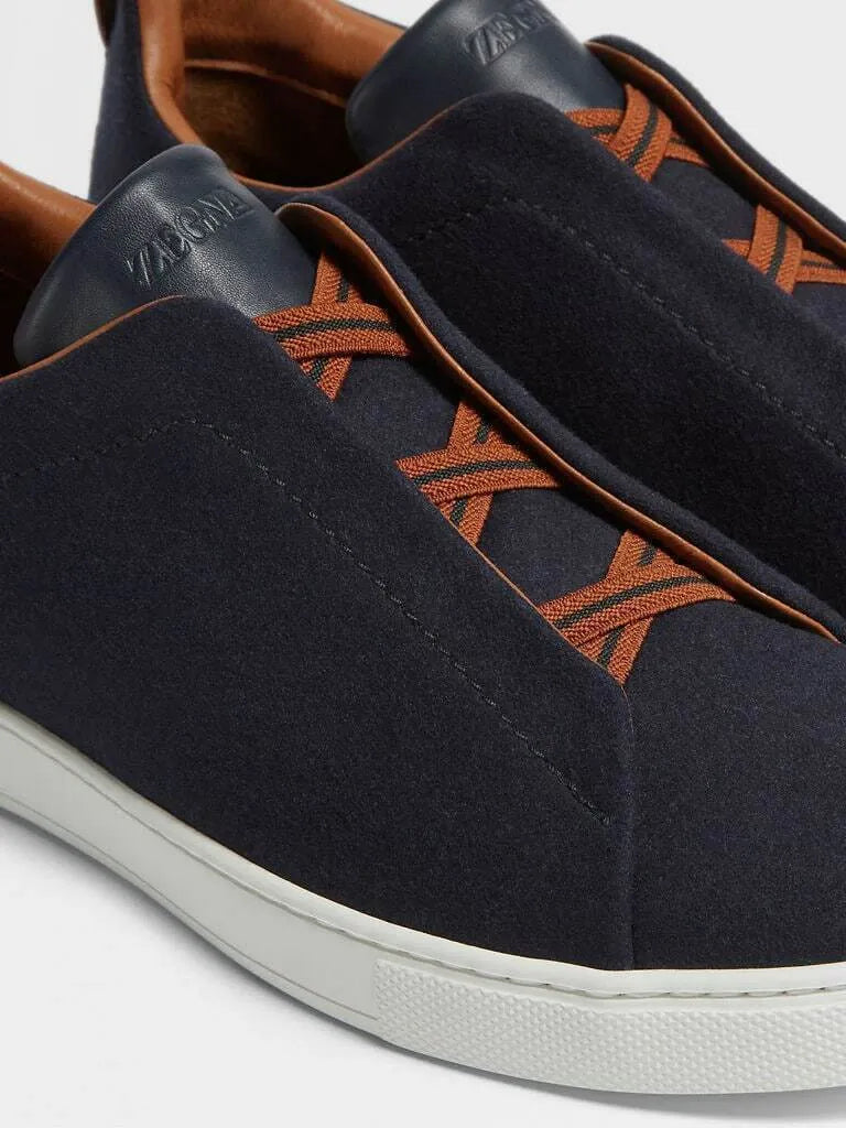 Triple Stitch Wool Leather Sneakers – Navy/Brown