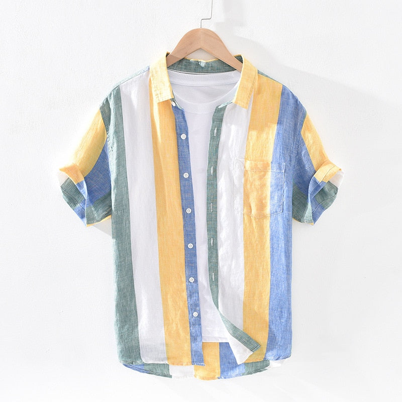 Sunset Stripe Linen Short-Sleeve Shirt - Multi-Color