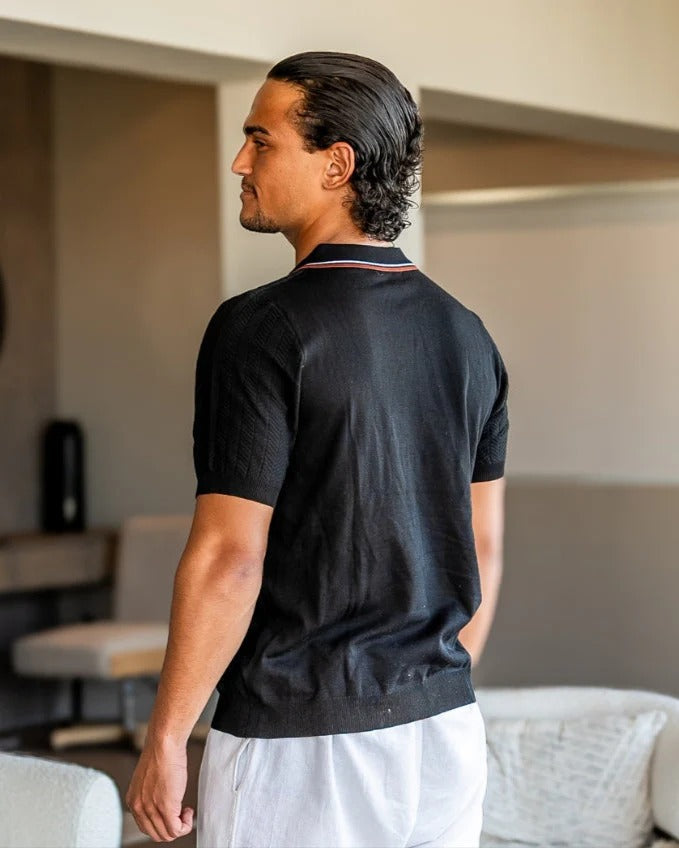Herringbone Knit Polo - Black