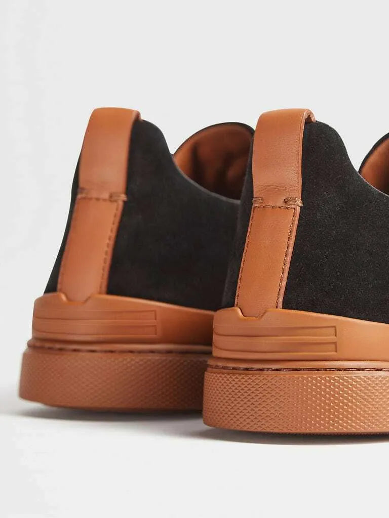 Triple Stitch Suede Leather Sneakers – Black/Brown