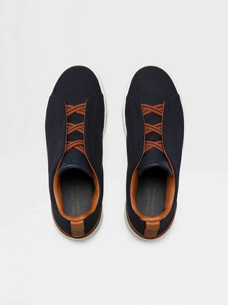 Triple Stitch Wool Leather Sneakers – Navy/Brown