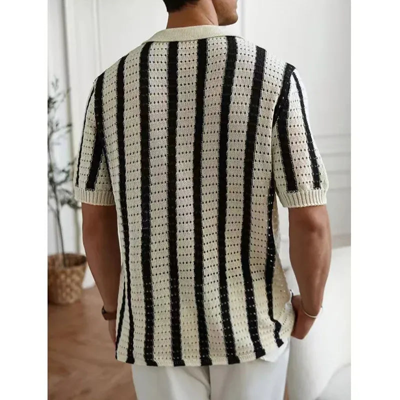 Riviera Knit Button-Up Polo - Black/White