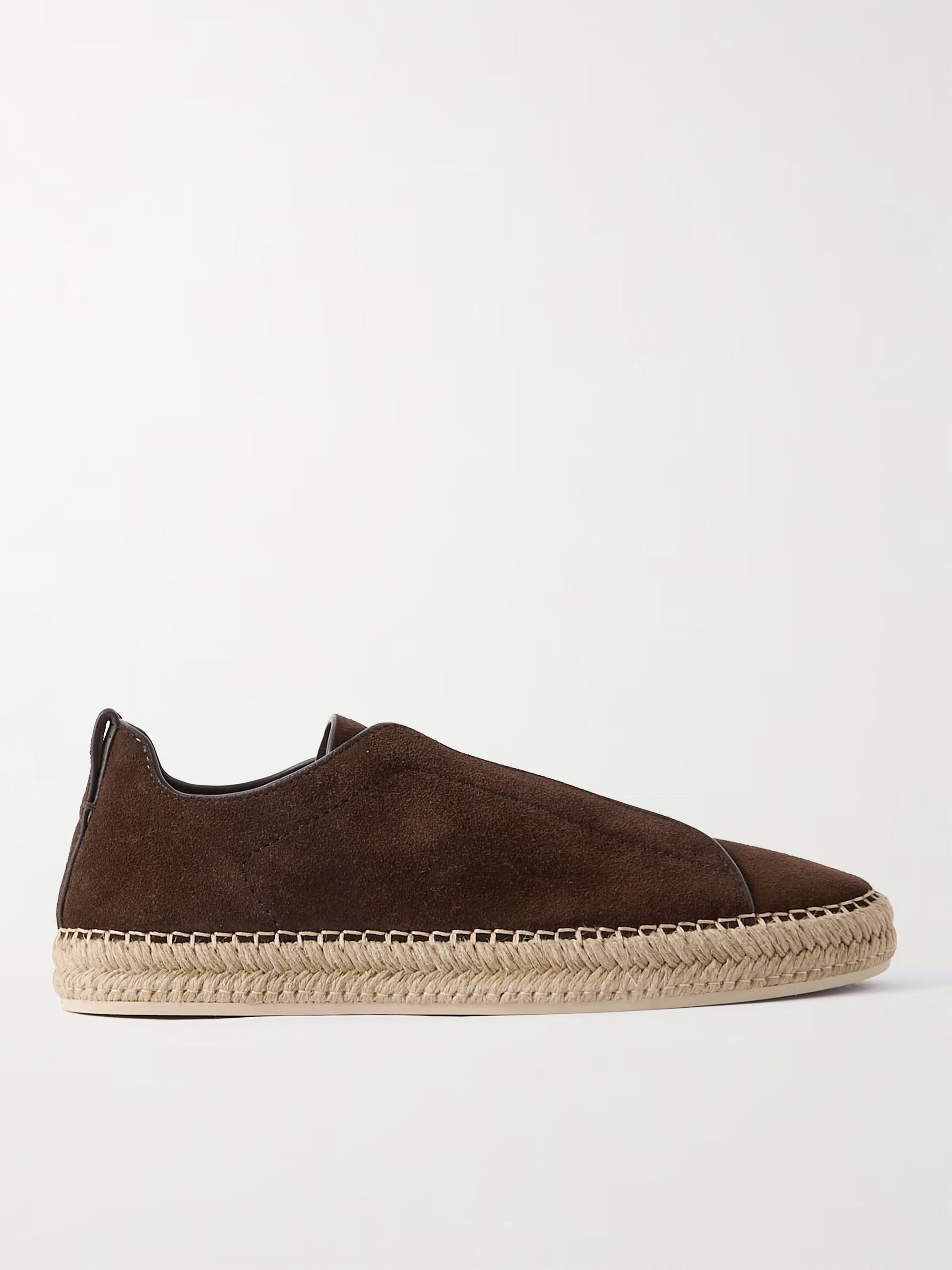 Triple Stitch Leather-Trimmed Canvas Slip-On Sneaker – Dark brown